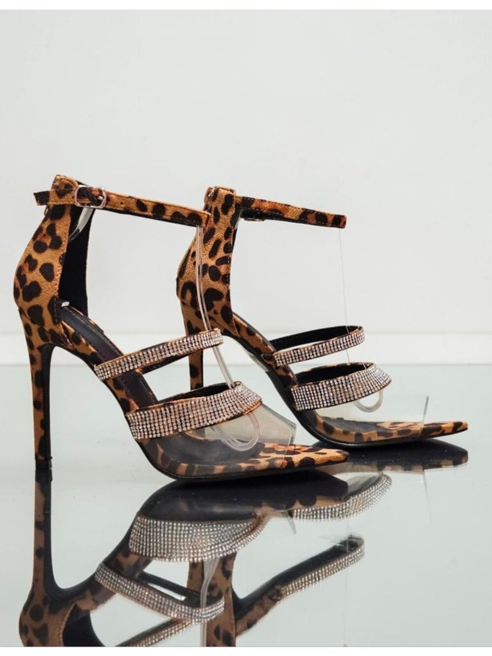 Leopard Print High Heels With Rhinestone Straps & Clear Vinyl Accents Adjustable